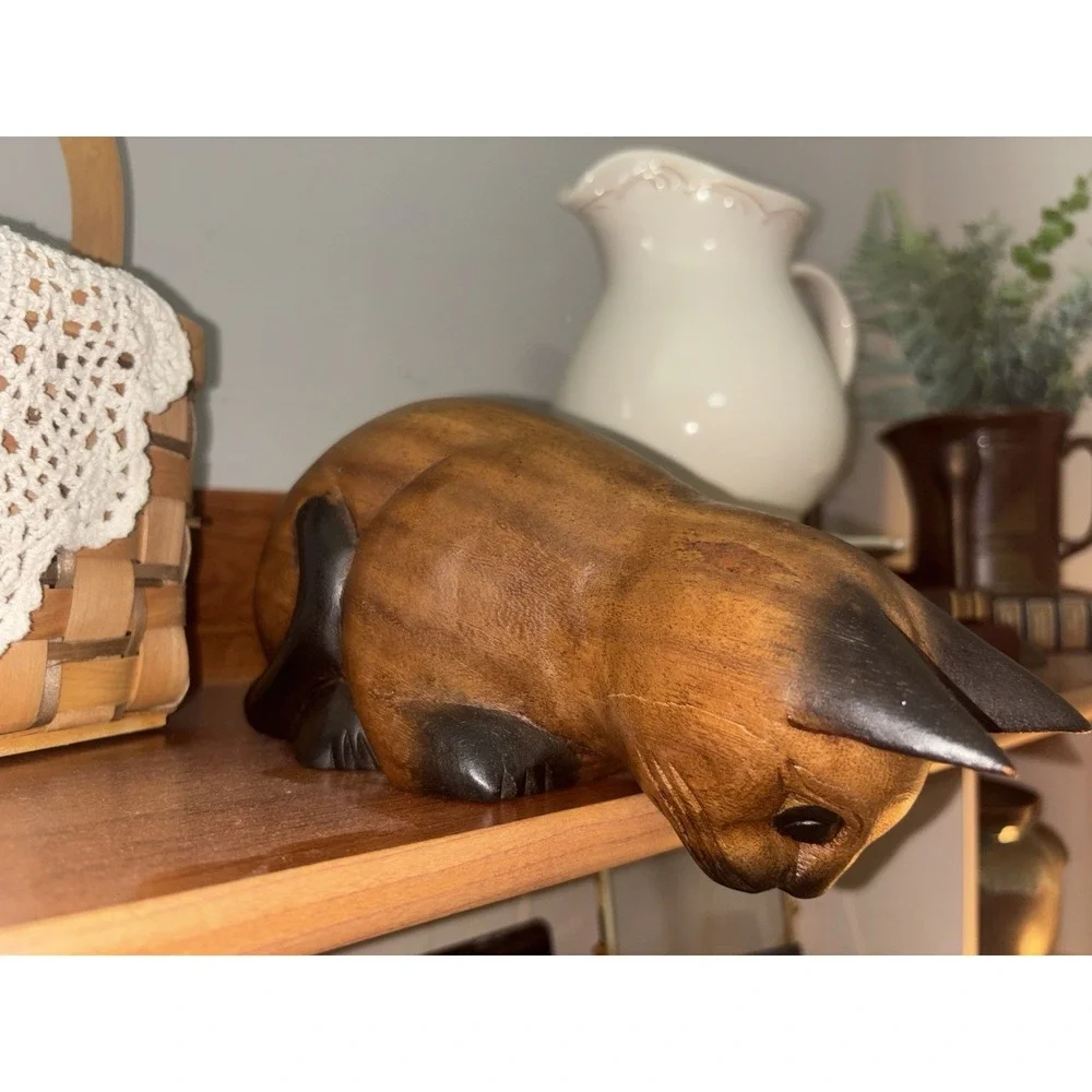 Vintage Handmade Carved Wooden Cat Shelf Sitter Peeking Cat Folk Art